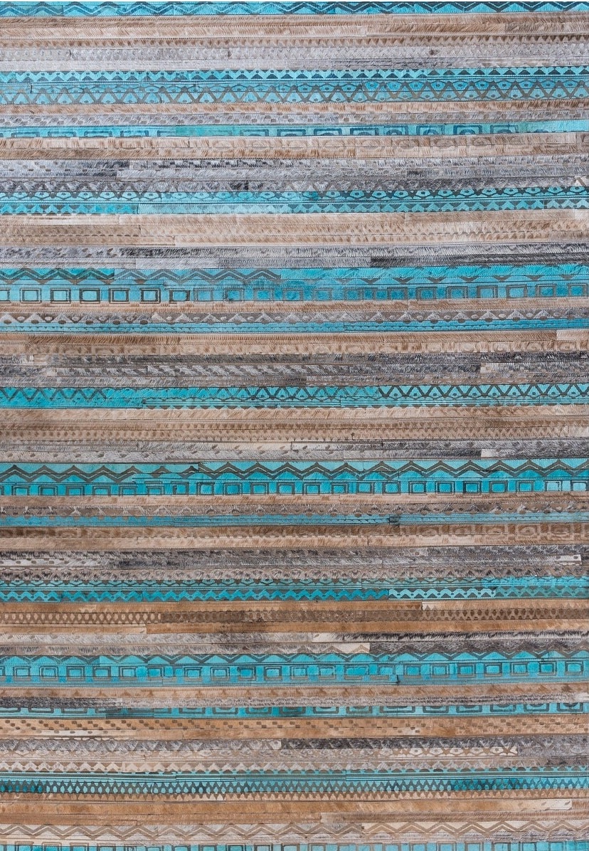 Vibrant Blue Beige Tribal Laser Etched Hide Rug - Tribal design rug by The Cinnamon Room