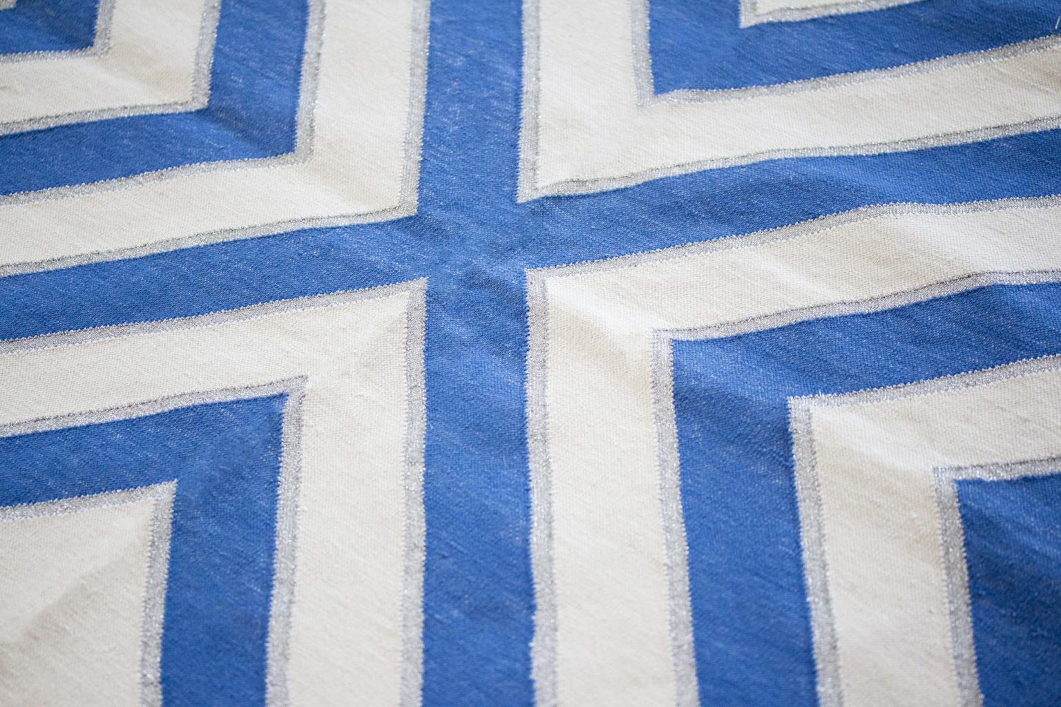 Diamond Blue White Silver Cotton Dhurrie Rug - The Cinnamon Room