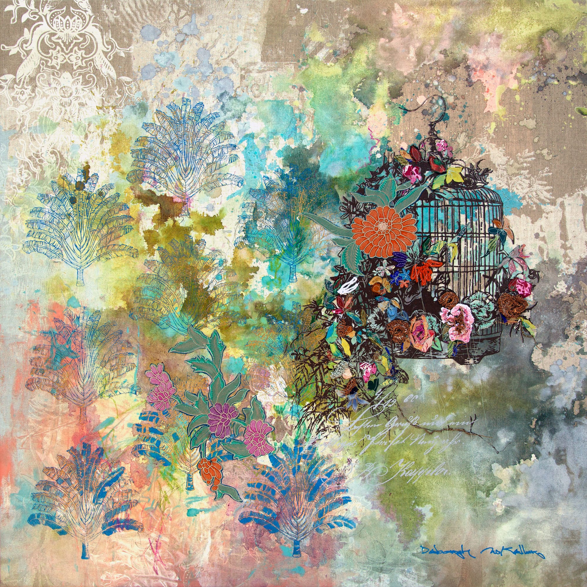 Summer Birdcage Original Artwork by Deborah Mckellar of Talking Textiles